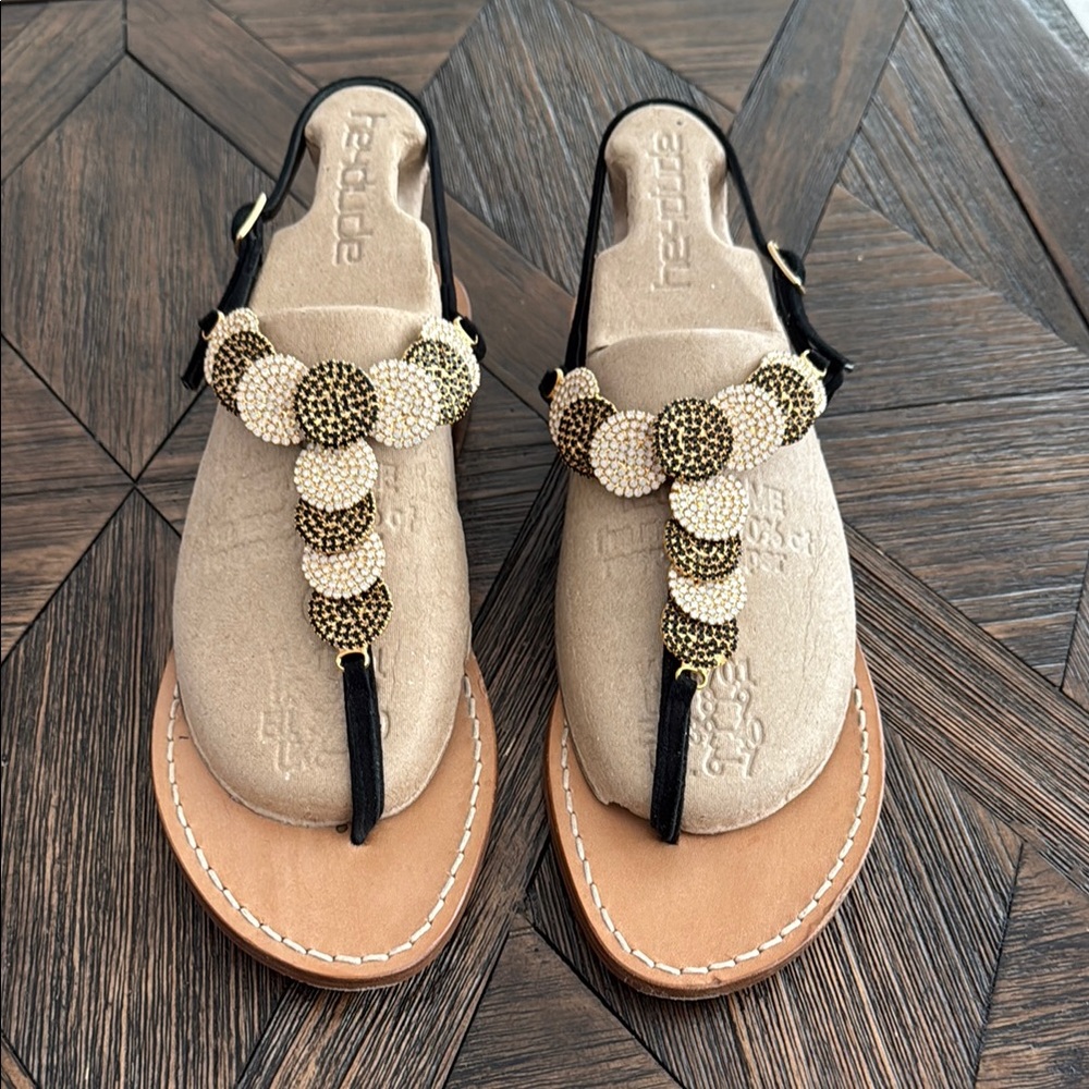Enrico De Rosa Italian Leather Crystal T-Strap Sandals Size 42 (US 10.5/11)